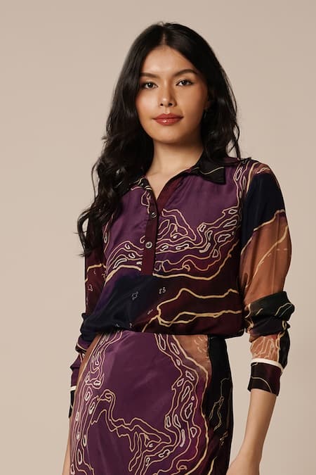 Buy_Advait_Purple Natural Crepe Print Abstract Geometric Collared Neck Shirt And Skirt Set _Online_at_Aza_Fashions