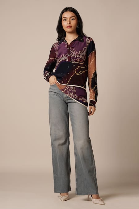 Advait_Purple Natural Crepe Print Abstract Geometric Collared Neck Layered Shirt _Online_at_Aza_Fashions