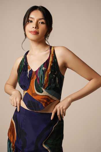 Advait Blue Crepe Halter Neck Abstract Geometric Print Corset Online at Aza Fashions Advait_Blue Crepe Halter Neck Abstract Geometric Print Corset _Online_at_Aza_Fashions