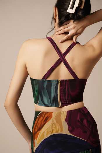Buy Advait Blue Crepe Halter Neck Abstract Geometric Print Corset Online at Aza Fashions Buy_Advait_Blue Crepe Halter Neck Abstract Geometric Print Corset _Online_at_Aza_Fashions