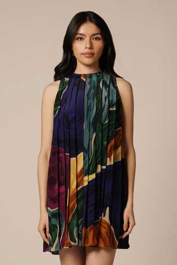 Advait_Blue Crepe Round Neck Abstract Print Pleated Dress _Online_at_Aza_Fashions
