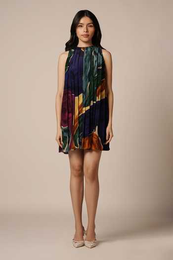 Buy_Advait_Blue Crepe Round Neck Abstract Print Pleated Dress _Online_at_Aza_Fashions