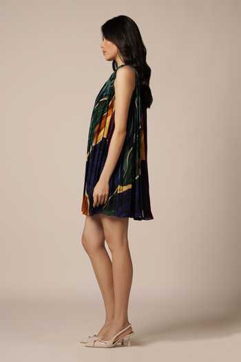 Shop_Advait_Blue Crepe Round Neck Abstract Print Pleated Dress _Online_at_Aza_Fashions