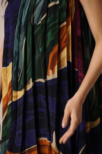 Advait_Blue Crepe Round Neck Abstract Print Pleated Dress _at_Aza_Fashions