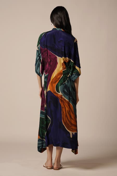 Advait Blue Abstract Print Kimono Dress 