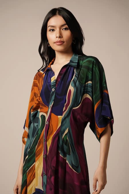 Shop_Advait_Blue Crepe Collared Abstract Print Kimono Dress _Online_at_Aza_Fashions