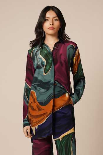 Buy_Advait_Multi Color Crepe Collared Abstract Print Shirt And Pant Set _Online_at_Aza_Fashions