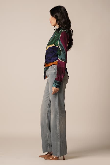 Advait Purple Crepe Collared High Low Abstract Print Shirt Online at Aza Fashions Advait_Purple Crepe Collared High Low Abstract Print Shirt _Online_at_Aza_Fashions