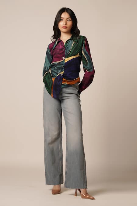 Buy Advait Purple Crepe Collared High Low Abstract Print Shirt Online at Aza Fashions Buy_Advait_Purple Crepe Collared High Low Abstract Print Shirt _Online_at_Aza_Fashions