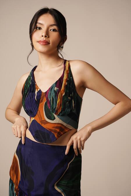 Advait Blue Natural Crepe Print Abstract Swirl Maxi Skirt Online at Aza Fashions Advait_Blue Natural Crepe Print Abstract Swirl Maxi Skirt _Online_at_Aza_Fashions