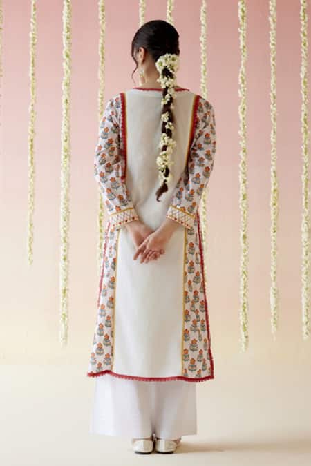 Shop Nero India White Cotton, Satin Embroidery, Pom-poms Poppy Red Floral Block Print Kurta Set at Aza Fashions Shop_Nero India_White Cotton, Satin Embroidery, Pom-poms Poppy Red Floral Block Print Kurta Set _at_Aza_Fashions