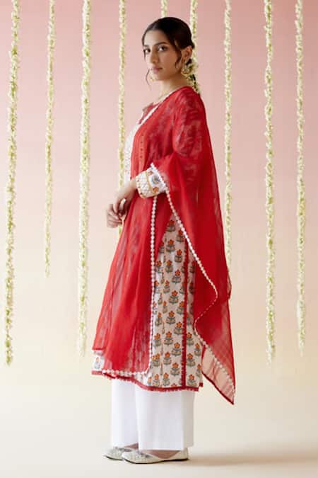 Nero India White Cotton, Satin Embroidery, Pom-poms Poppy Red Floral Block Print Kurta Set Online at Aza Fashions Nero India_White Cotton, Satin Embroidery, Pom-poms Poppy Red Floral Block Print Kurta Set _Online_at_Aza_Fashions