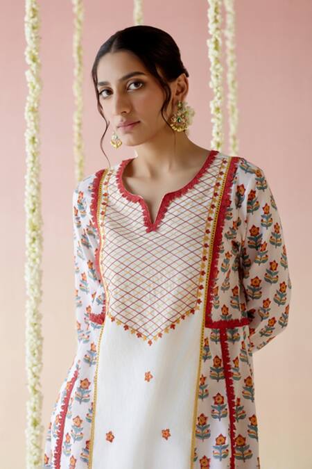 Buy Nero India White Cotton, Satin Embroidery, Pom-poms Poppy Red Floral Block Print Kurta Set Online at Aza Fashions Buy_Nero India_White Cotton, Satin Embroidery, Pom-poms Poppy Red Floral Block Print Kurta Set _Online_at_Aza_Fashions