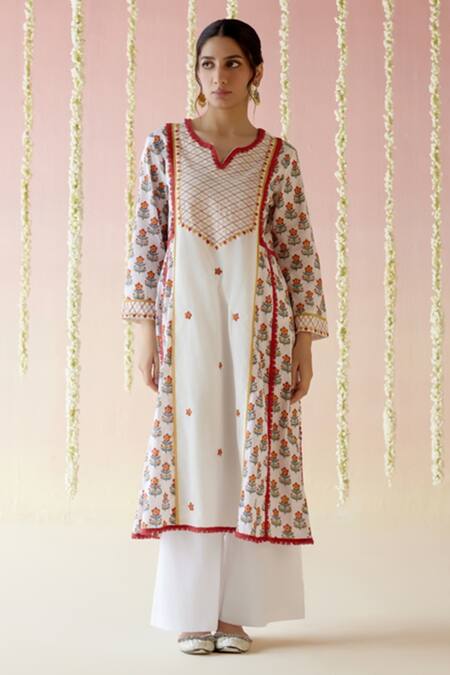 Shop Nero India White Cotton, Satin Embroidery, Pom-poms Poppy Red Floral Block Print Kurta Set Online at Aza Fashions Shop_Nero India_White Cotton, Satin Embroidery, Pom-poms Poppy Red Floral Block Print Kurta Set _Online_at_Aza_Fashions