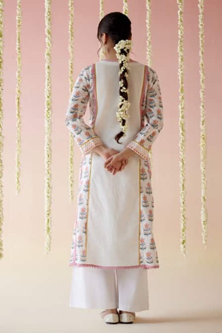 Shop Nero India White Cotton, Satin Embroidery Floral Block Print Kurta And Pant Set at Aza Fashions Shop_Nero India_White Cotton, Satin Embroidery Floral Block Print Kurta And Pant Set _at_Aza_Fashions