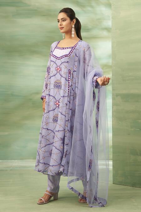 Seams Pret And Couture_Purple Net, Georgette, Satin Mirrors, Embroidery Floral Work Anarkali Set _Online_at_Aza_Fashions