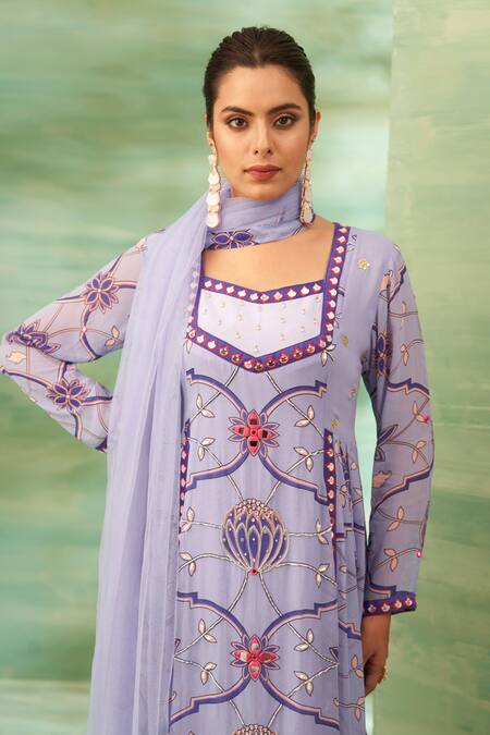 Buy_Seams Pret And Couture_Purple Net, Georgette, Satin Mirrors, Embroidery Floral Work Anarkali Set _Online_at_Aza_Fashions