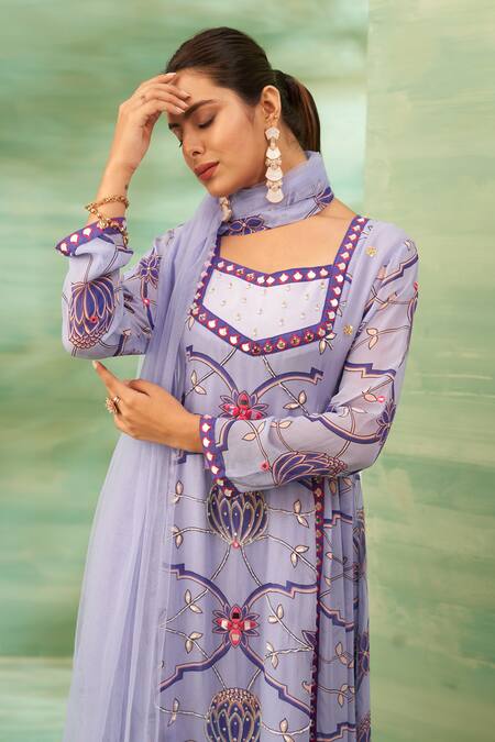 Shop_Seams Pret And Couture_Purple Net, Georgette, Satin Mirrors, Embroidery Floral Work Anarkali Set _Online_at_Aza_Fashions