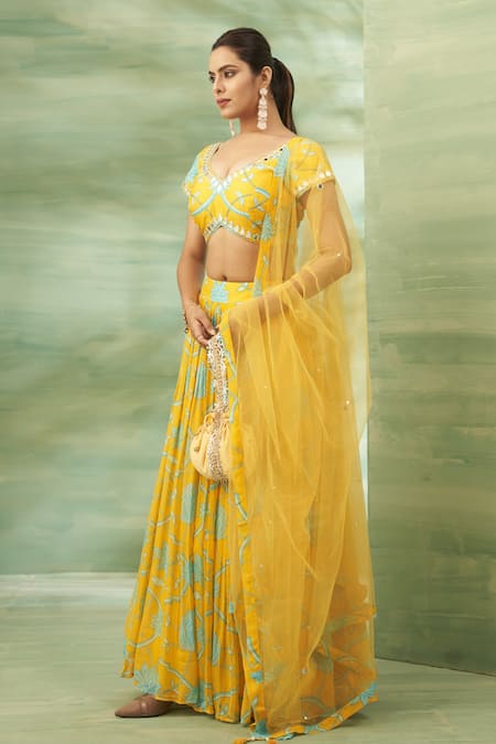 Seams Pret And Couture_Yellow Net, Georgette, Silk Mirrors, Lace, Floral Veil Printed Lehenga Set _Online_at_Aza_Fashions