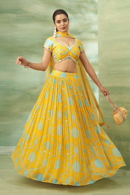 Buy_Seams Pret And Couture_Yellow Net, Georgette, Silk Mirrors, Lace, Floral Veil Printed Lehenga Set _Online_at_Aza_Fashions