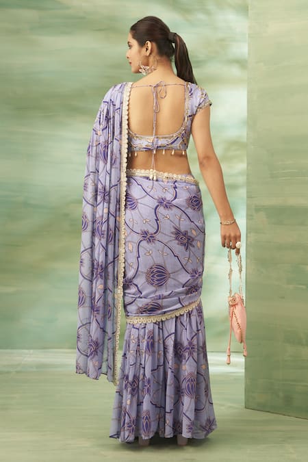 Seams Pret And Couture Floral Veil Printed Pre-Draped Saree Set 