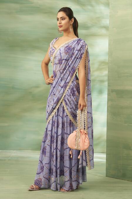 Seams Pret And Couture Purple Georgette, Net, Silk Tassels, Floral Veil Printed Pre-draped Saree Set Online at Aza Fashions Seams Pret And Couture_Purple Georgette, Net, Silk Tassels, Floral Veil Printed Pre-draped Saree Set _Online_at_Aza_Fashions