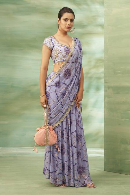 Buy Seams Pret And Couture Purple Georgette, Net, Silk Tassels, Floral Veil Printed Pre-draped Saree Set Online at Aza Fashions Buy_Seams Pret And Couture_Purple Georgette, Net, Silk Tassels, Floral Veil Printed Pre-draped Saree Set _Online_at_Aza_Fashions