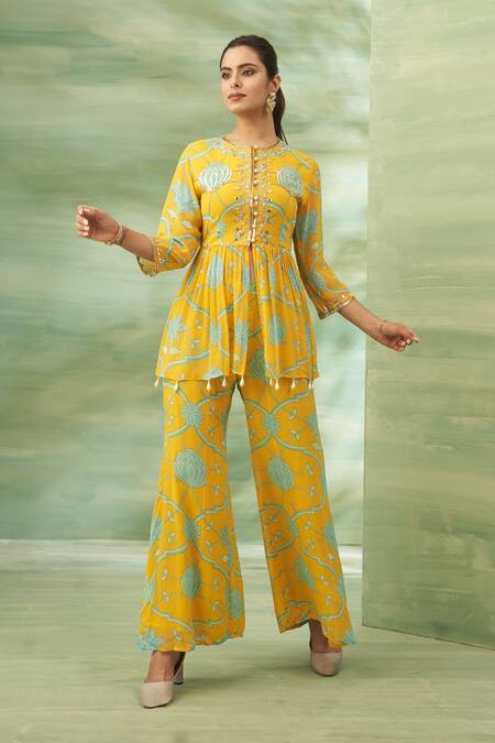 Seams Pret And Couture_Yellow Georgette, Silk Mirrors, Floral Veli Printed Peplum Tunic And Pant Set _Online_at_Aza_Fashions
