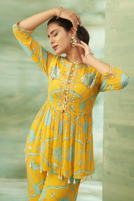 Buy_Seams Pret And Couture_Yellow Georgette, Silk Mirrors, Floral Veli Printed Peplum Tunic And Pant Set _Online_at_Aza_Fashions