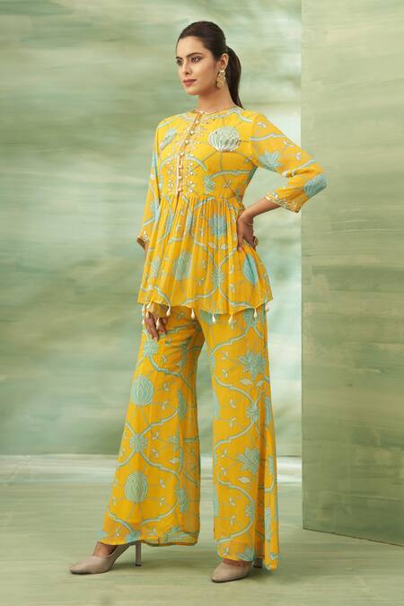 Shop_Seams Pret And Couture_Yellow Georgette, Silk Mirrors, Floral Veli Printed Peplum Tunic And Pant Set _Online_at_Aza_Fashions