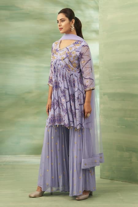 Seams Pret And Couture Purple Georgette, Silk Embroidery V-neck Floral Veil Anarkali Sharara Set Online at Aza Fashions Seams Pret And Couture_Purple Georgette, Silk Embroidery V-neck Floral Veil Anarkali Sharara Set _Online_at_Aza_Fashions