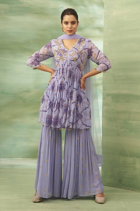 Buy Seams Pret And Couture Purple Georgette, Silk Embroidery V-neck Floral Veil Anarkali Sharara Set Online at Aza Fashions Buy_Seams Pret And Couture_Purple Georgette, Silk Embroidery V-neck Floral Veil Anarkali Sharara Set _Online_at_Aza_Fashions
