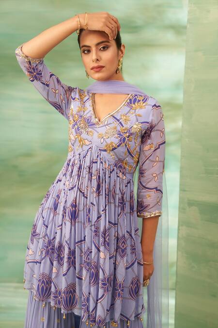 Shop Seams Pret And Couture Purple Georgette, Silk Embroidery V-neck Floral Veil Anarkali Sharara Set Online at Aza Fashions Shop_Seams Pret And Couture_Purple Georgette, Silk Embroidery V-neck Floral Veil Anarkali Sharara Set _Online_at_Aza_Fashions
