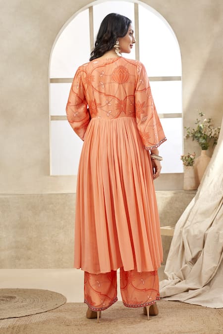 Seams Pret And Couture Coral Orange Hand Embroidered Kurta Set 