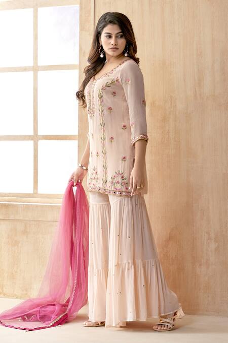 Seams Pret And Couture_Pink Georgette, Net Sequins, Embroidery, Mirrors Floral Kurta Sharara Set _Online_at_Aza_Fashions