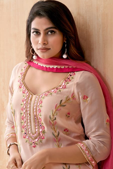 Buy_Seams Pret And Couture_Pink Georgette, Net Sequins, Embroidery, Mirrors Floral Kurta Sharara Set _Online_at_Aza_Fashions