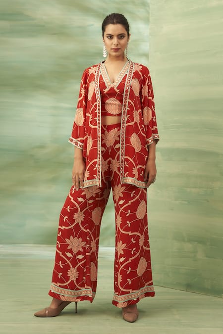 Seams Pret And Couture Red Crepe Printed Mirror Blouse V Neck Rooibos Cape Pant Set 