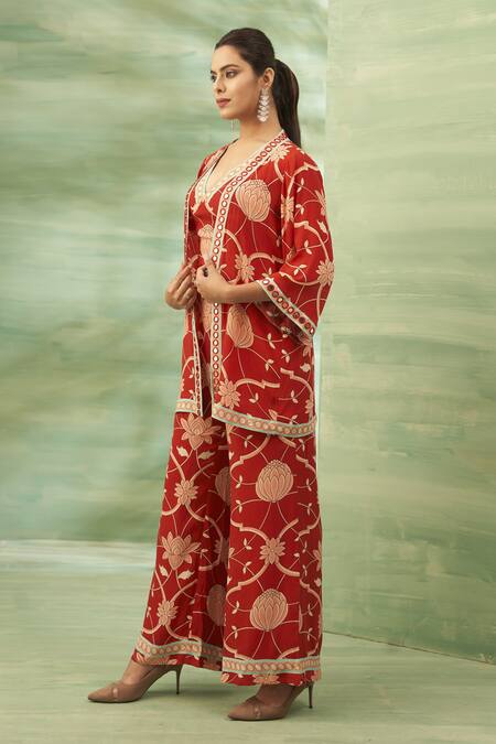 Seams Pret And Couture Red Crepe, Silk Embroidery, Mirrors V-neck Rooibos Printed Cape Pant Set Online at Aza Fashions Seams Pret And Couture_Red Crepe, Silk Embroidery, Mirrors V-neck Rooibos Printed Cape Pant Set _Online_at_Aza_Fashions