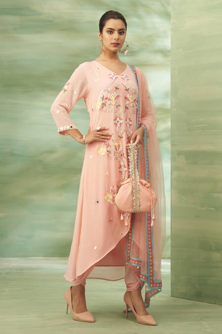 Seams Pret And Couture Pink Georgette, Satin Embroidery, Mirrors, Sequins V-neck Floral Kurta Set Online at Aza Fashions Seams Pret And Couture_Pink Georgette, Satin Embroidery, Mirrors, Sequins V-neck Floral Kurta Set _Online_at_Aza_Fashions