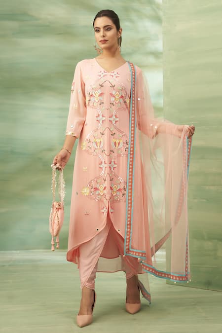 Buy Seams Pret And Couture Pink Georgette, Satin Embroidery, Mirrors, Sequins V-neck Floral Kurta Set Online at Aza Fashions Buy_Seams Pret And Couture_Pink Georgette, Satin Embroidery, Mirrors, Sequins V-neck Floral Kurta Set _Online_at_Aza_Fashions