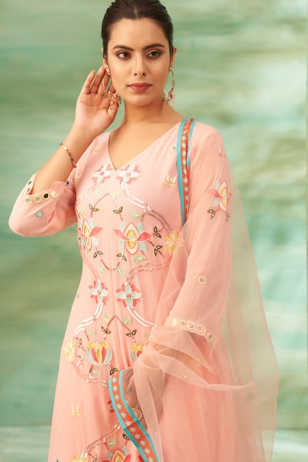 Shop Seams Pret And Couture Pink Georgette, Satin Embroidery, Mirrors, Sequins V-neck Floral Kurta Set Online at Aza Fashions Shop_Seams Pret And Couture_Pink Georgette, Satin Embroidery, Mirrors, Sequins V-neck Floral Kurta Set _Online_at_Aza_Fashions