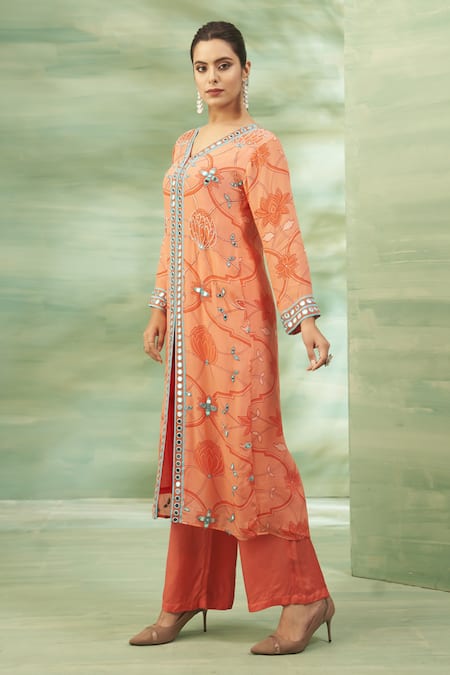 Seams Pret And Couture Orange Crepe, Satin Beads, Mirrors, Embroidery Floral Veil Tunic And Pant Set Online at Aza Fashions Seams Pret And Couture_Orange Crepe, Satin Beads, Mirrors, Embroidery Floral Veil Tunic And Pant Set _Online_at_Aza_Fashions