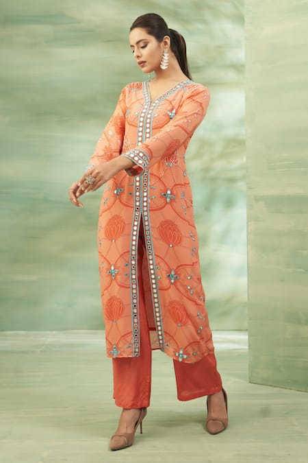 Buy Seams Pret And Couture Orange Crepe, Satin Beads, Mirrors, Embroidery Floral Veil Tunic And Pant Set Online at Aza Fashions Buy_Seams Pret And Couture_Orange Crepe, Satin Beads, Mirrors, Embroidery Floral Veil Tunic And Pant Set _Online_at_Aza_Fashions