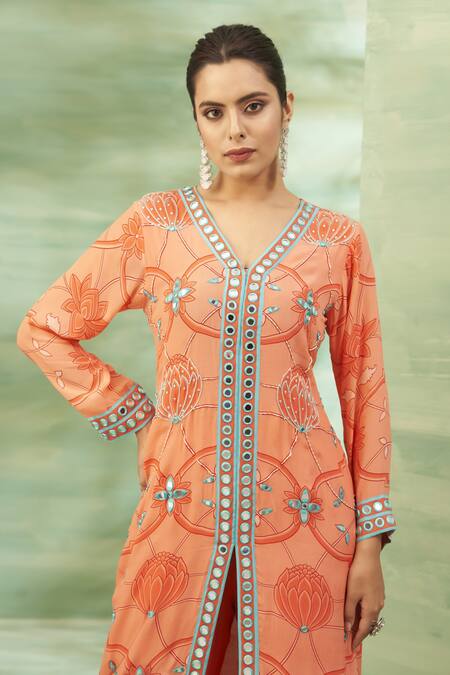 Shop Seams Pret And Couture Orange Crepe, Satin Beads, Mirrors, Embroidery Floral Veil Tunic And Pant Set Online at Aza Fashions Shop_Seams Pret And Couture_Orange Crepe, Satin Beads, Mirrors, Embroidery Floral Veil Tunic And Pant Set _Online_at_Aza_Fashions
