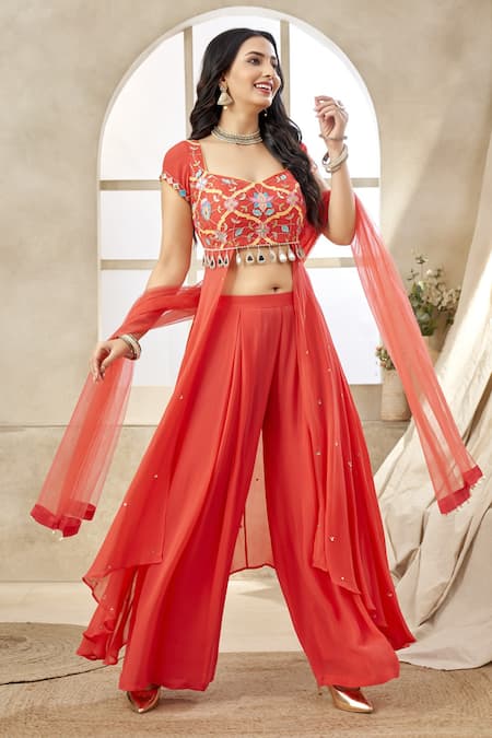 Seams Pret And Couture_Orange Net, Georgette, Chiffon Lace, Mirrors, Applique Floral Tunic Pant Set _Online_at_Aza_Fashions