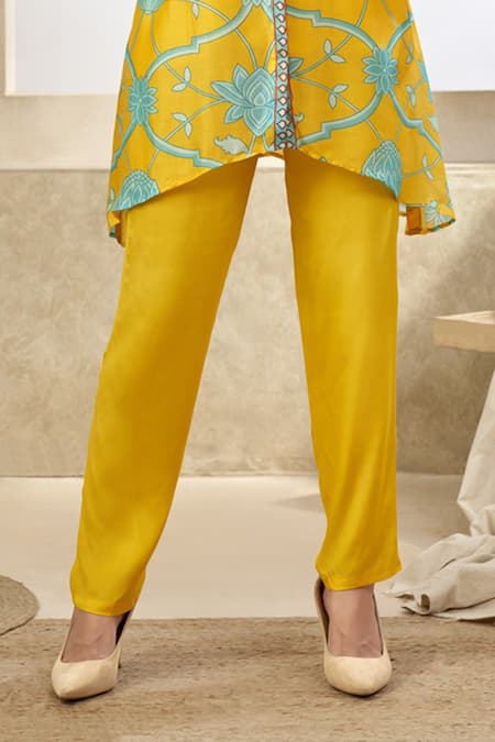 Seams Pret And Couture_Yellow Silk, Satin, Polyester Embroidery Asymmetric Floral Veil Tunic Pant Set _Online_at_Aza_Fashions