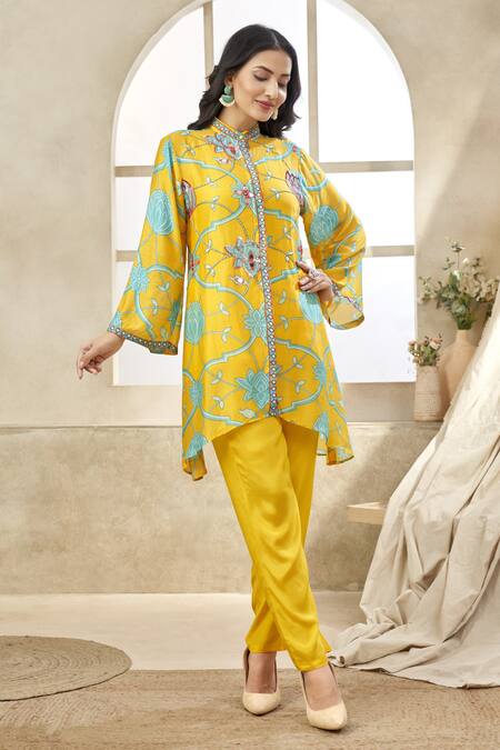 Buy_Seams Pret And Couture_Yellow Silk, Satin, Polyester Embroidery Asymmetric Floral Veil Tunic Pant Set _Online_at_Aza_Fashions