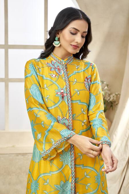 Shop_Seams Pret And Couture_Yellow Silk, Satin, Polyester Embroidery Asymmetric Floral Veil Tunic Pant Set _Online_at_Aza_Fashions