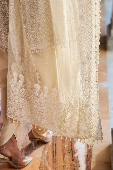 Shop_Seema Gujral_Cream Net, Silk Pearls, Sequins Split V-neck Geometric Embroidered Kurta Set