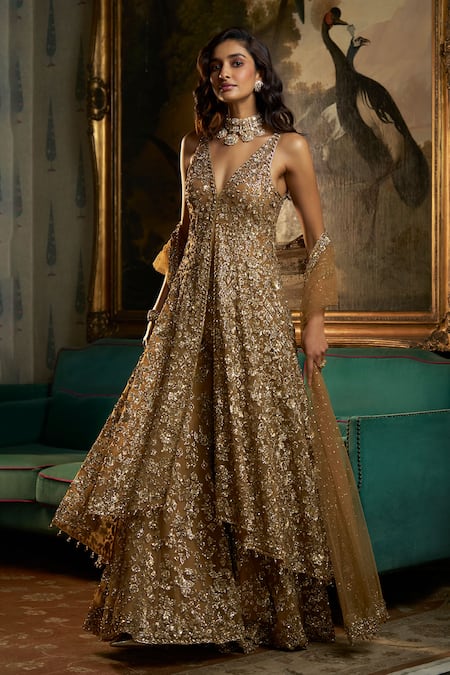 Buy_Seema Gujral_Gold Net Crystals, Sequins, Tassels Plunge Neck Embroidered Jacket Kurta Set _Online_at_Aza_Fashions